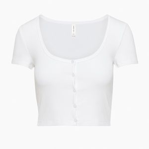 Sunday Best Holly Top, button up, scoop neck, super soft, white crop tee